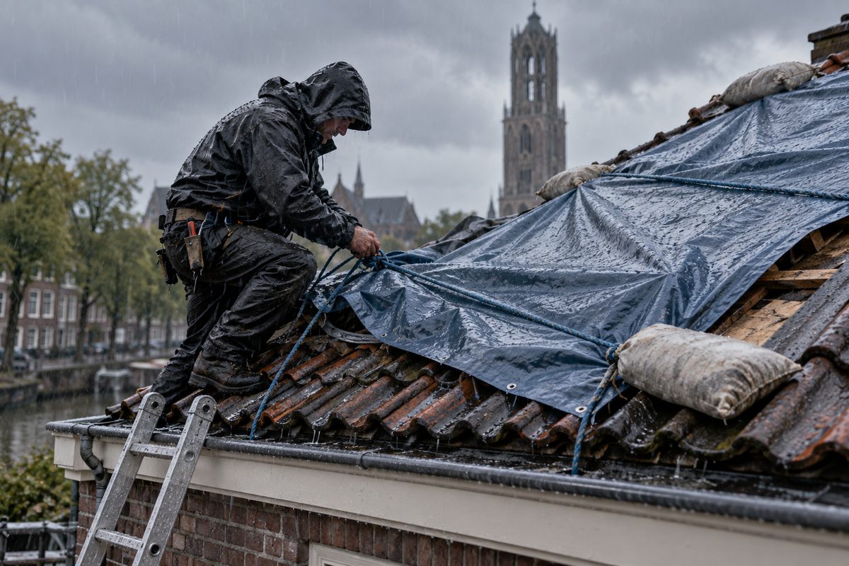 Tagdækker spænder en presenning over et utæt tag i regnvejr