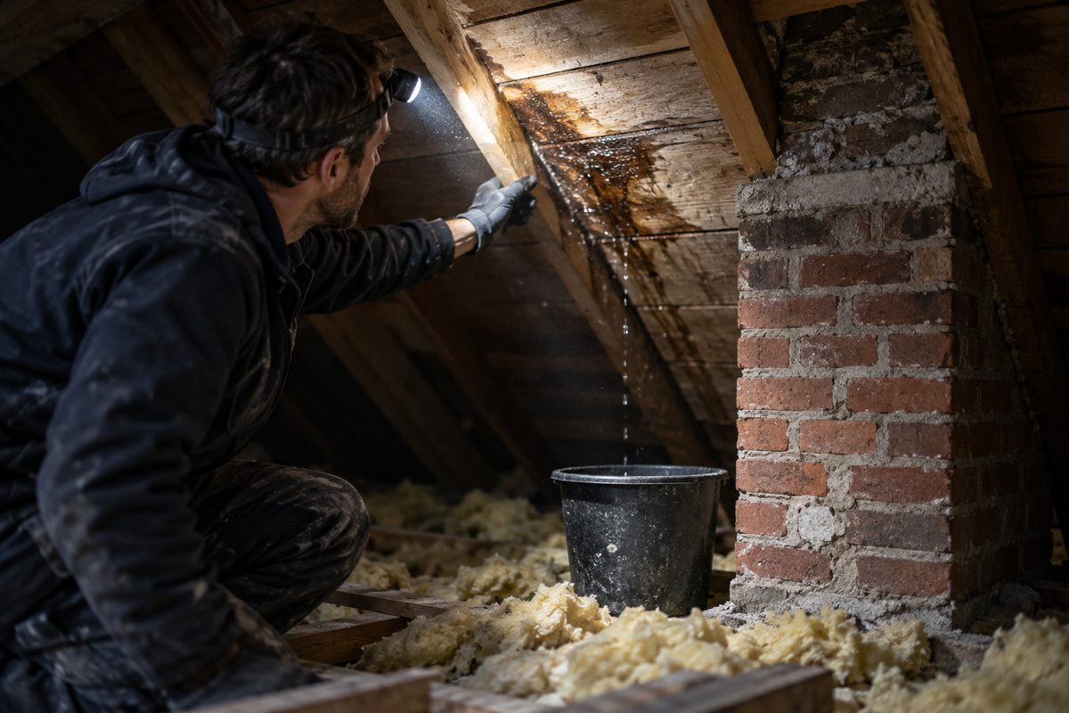 Pandelampe lyser på en fugtig plet og drypvand under taget på et loft