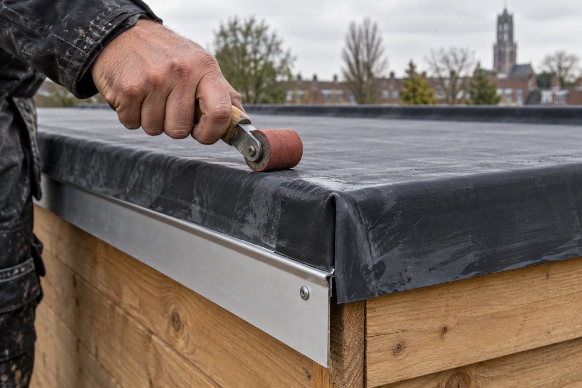 Foldet hjørne på en EPDM-dug under en aluminiumsprofil