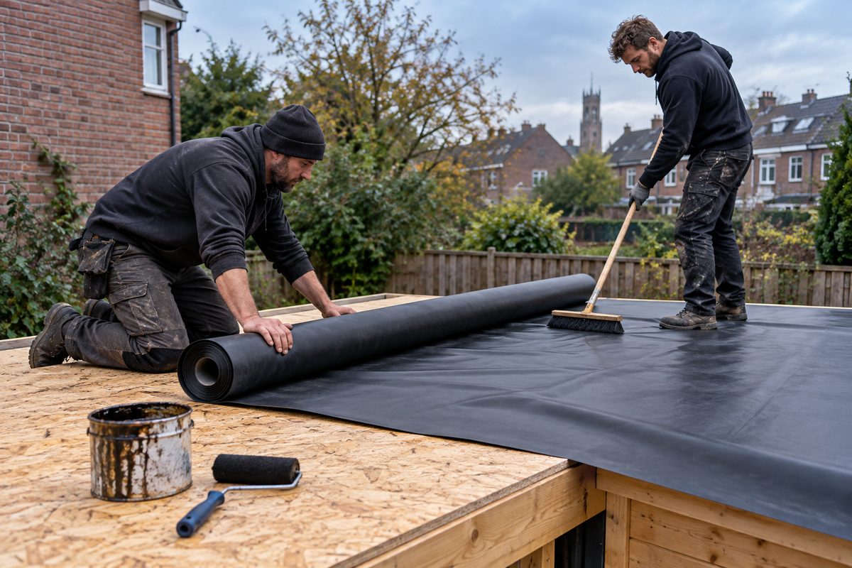 To tagdækkere ruller en sort EPDM-gummidug ud over nye OSB-plader på et skur