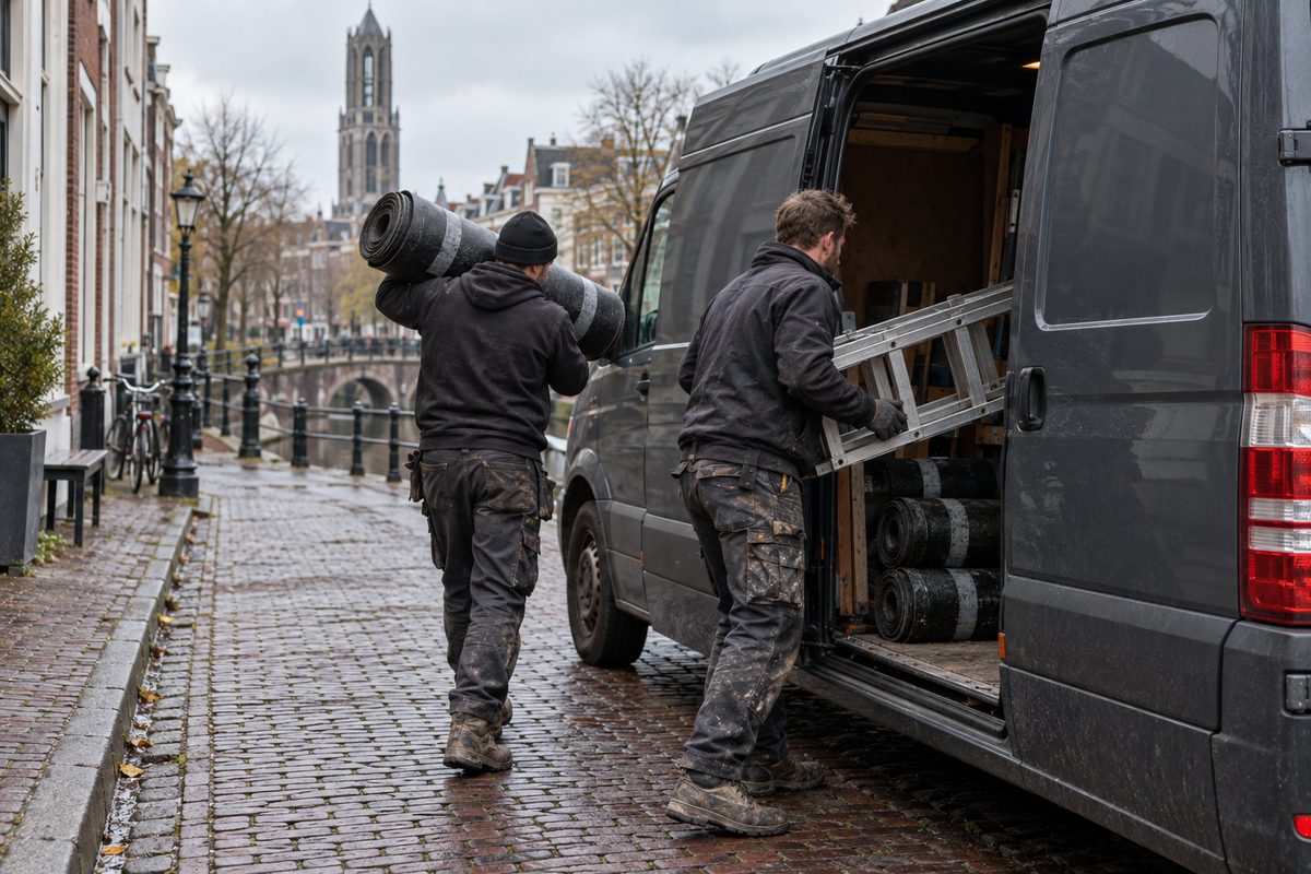 To tagdækkere læsser tagpapruller og stige ind i varevognen på en brostensgade