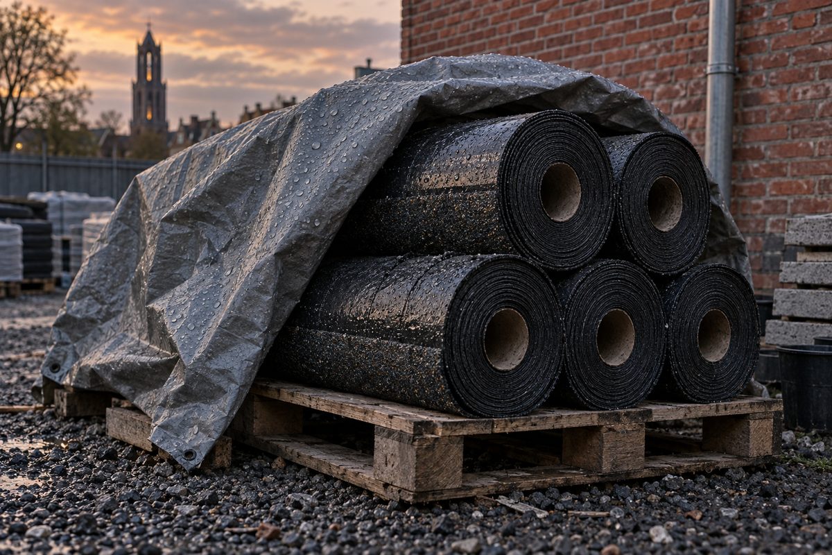 Tagpapruller på en palle under en halvt trukket presenning i regnvejr