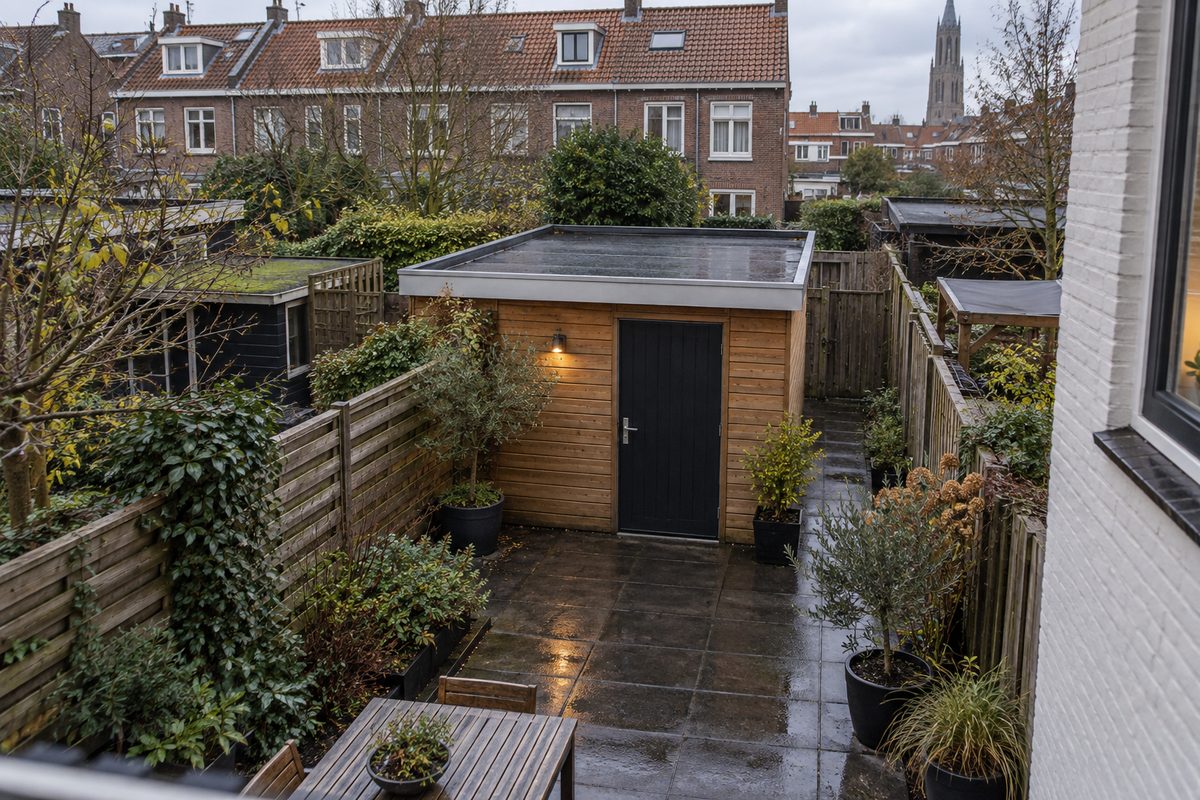 Skur i baghaven til et rækkehus med nyt EPDM-tag