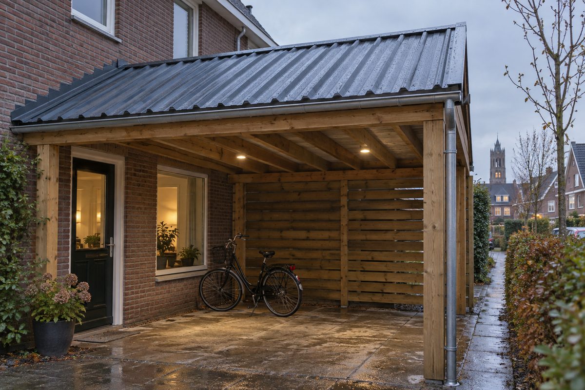 Træcarport med nyt antracitgråt stålpladetag i regnvejr